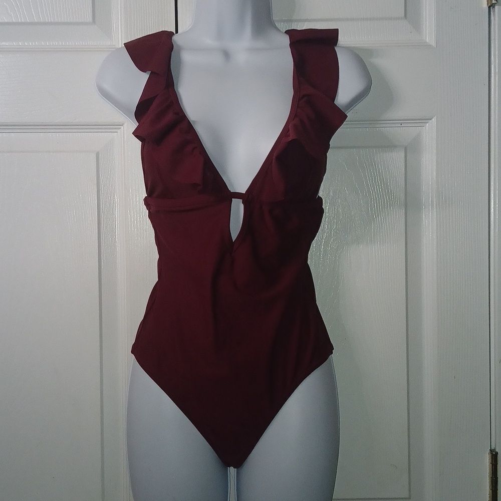 Cupshe Heart Attack Falbala One-Piece Swimsuit Burgundy  Sz S NWT